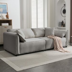 balus 97" large sofa couch, 4-seater couches with foldable armrests& 2 throw pillow, modern linen fabric upholstered sofas, 32" deep seat comfort sofa for living room -light grey