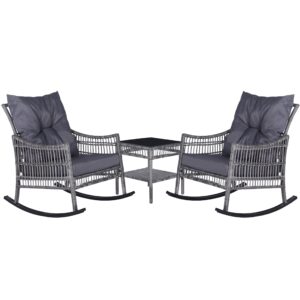 yardenaler 3 pieces outdoor rattan rocking bistro set with cushions, patio wicker furniture set with rocker chair & glass coffee table, conversation set for porch, balcony, backyard, grey