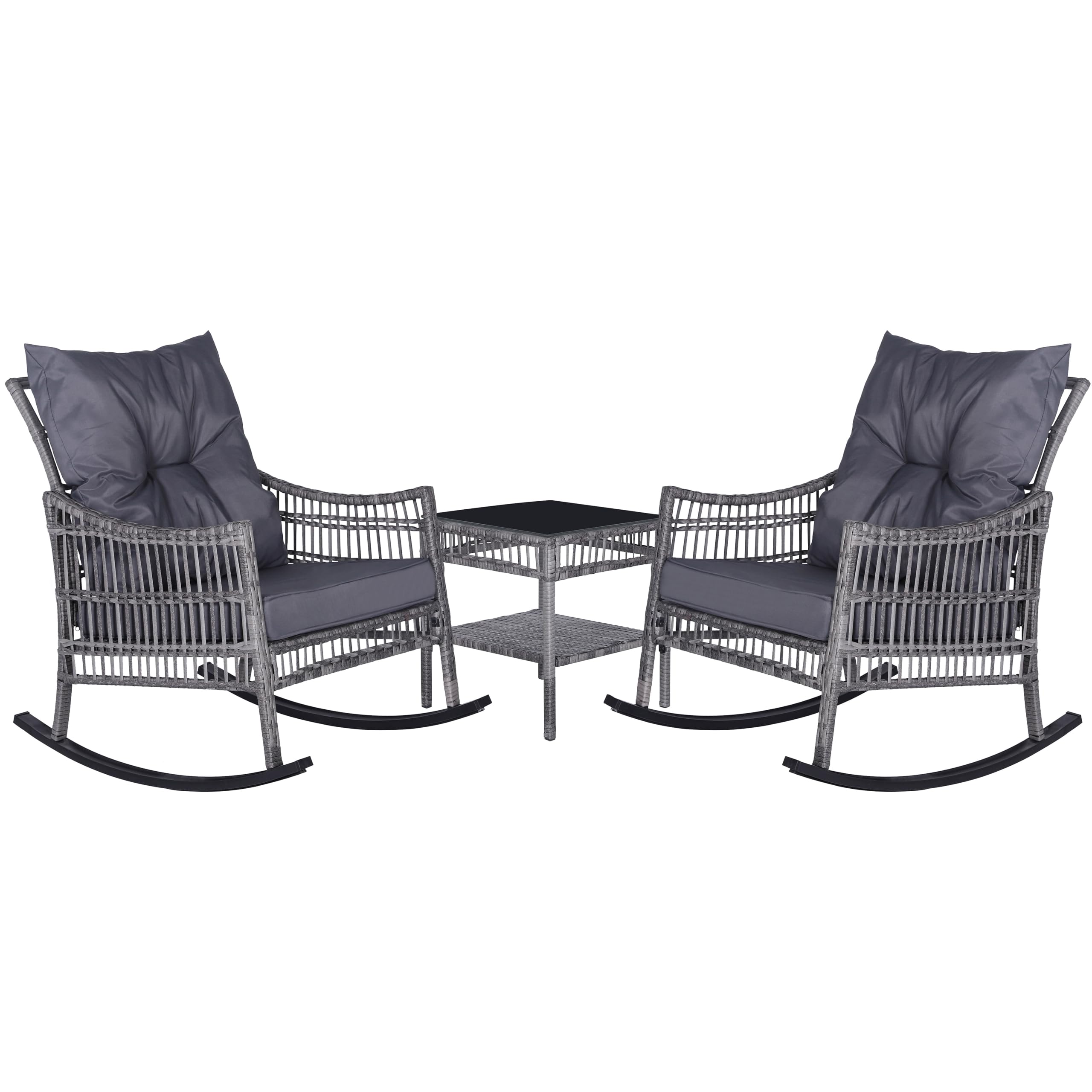 Yardenaler 3 Pieces Outdoor Rattan Rocking Bistro Set with Cushions, Patio Wicker Furniture Set with Rocker Chair & Glass Coffee Table, Conversation Set for Porch, Balcony, Backyard, Grey