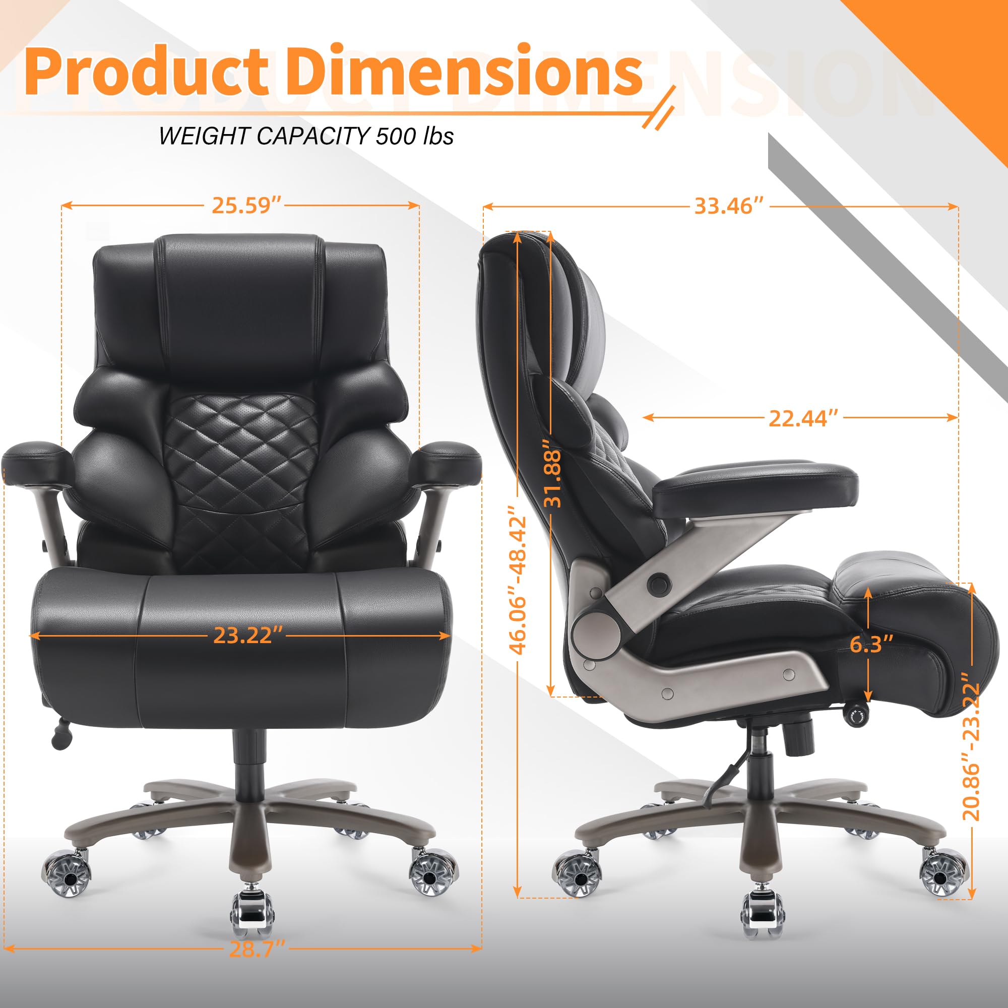 VUZI 500lbs Big and Tall Office Chair-Large Computer Chair with Adjustable Lumbar Support 3D Flip Arms Plus Size Wheels, High Back Executive Desk Chair, Heavy Duty Metal Base, Thick Padded Wide Seat