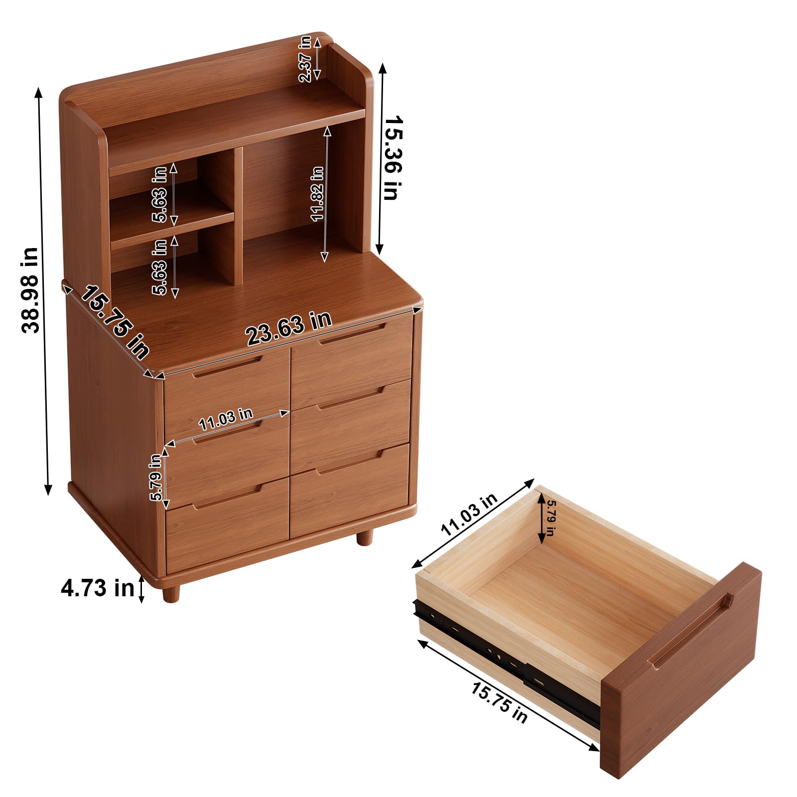 KINGBO Solid Wood Nightstand with 6 Drawers and 2-Tier Open Shelves, Modern Bedside Table, Large Night Stand for Bedrooms, 15.75" D x 23.63" W x 38.98" H, Walnut