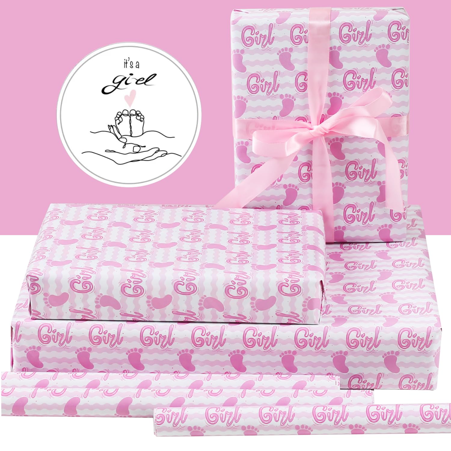 AircooL Baby Girl Wrapping Paper, It's a Girl Baby Girl Feet Pink White Stripes Wrapping Paper 20 x 28 inches for Girl Birthday Present Gender Reveal Theme Baby Shower Party Kindergarten Newborn