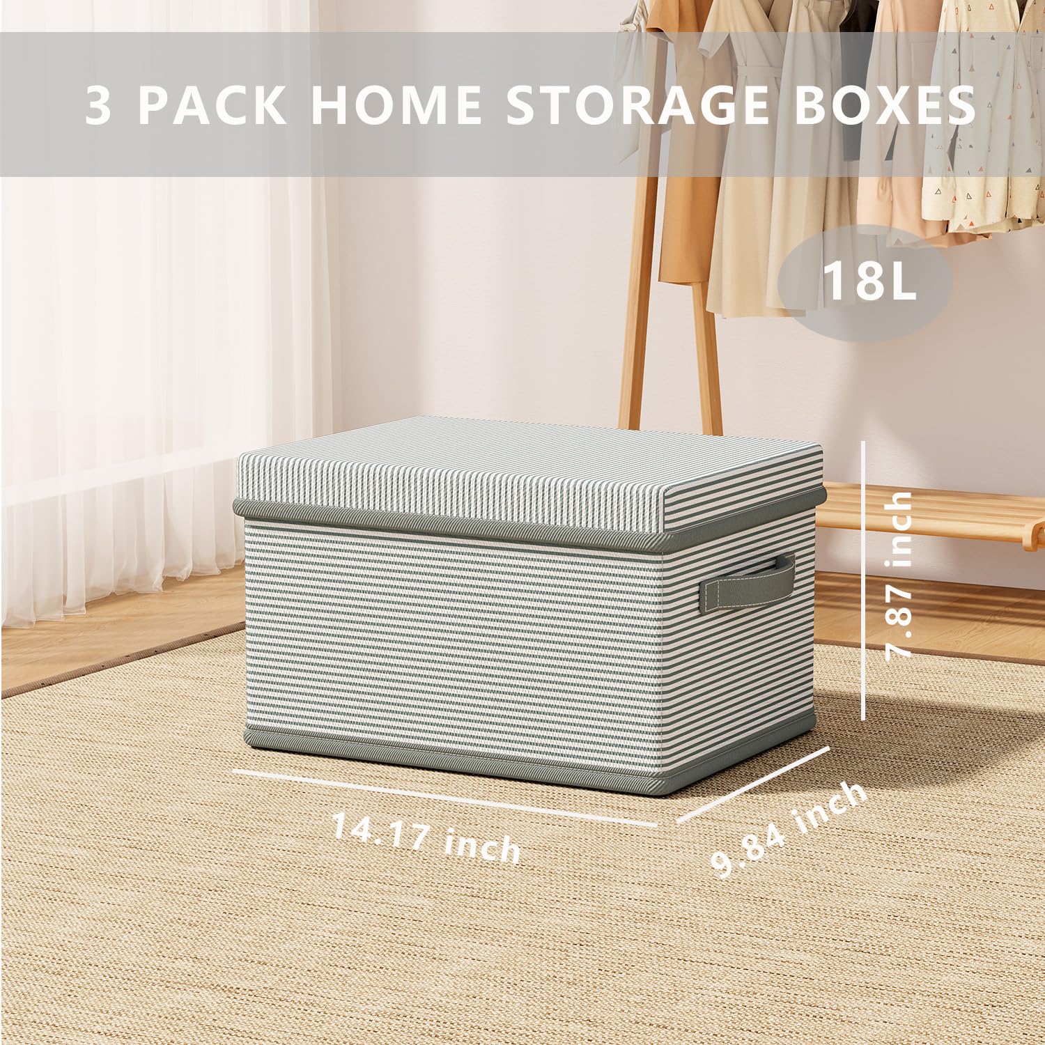 Tuza Large Collapsible Storage Bins with Lids, 3 Packs 18L Decorative Storage Box with Handles, Fabric Storage Cubes Organizer Container Baskets for Bedroom Closet Shelf Office