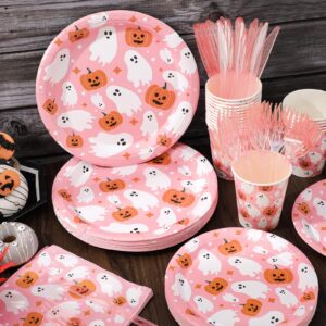 JarThenaAMCS Halloween Tableware Set Ghost Pumpkin Disposable Party Supplies Pink 9 & 7 Inch Paper Plates 6.5 Inch Napkins Cups and Cutlery for 25 Guests