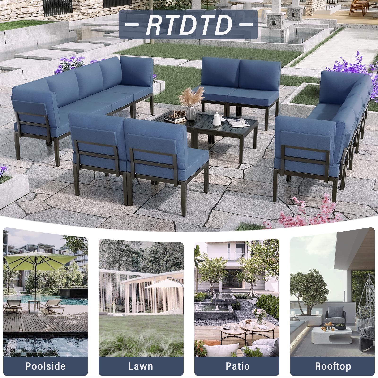 RTDTD 14-Piece Patio Furniture Set Metal Conversation Sectional Set with Coffee Table and Thick Cushion Modern Style Outdoor Patio Sofa Set Suitable for Patio, Backyard and Deck(Navy Blue)