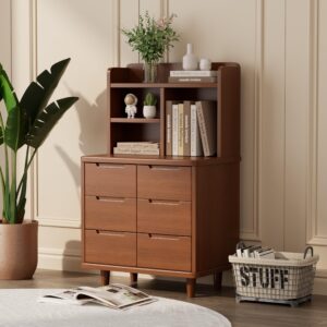 KINGBO Solid Wood Nightstand with 6 Drawers and 2-Tier Open Shelves, Modern Bedside Table, Large Night Stand for Bedrooms, 15.75" D x 23.63" W x 38.98" H, Walnut