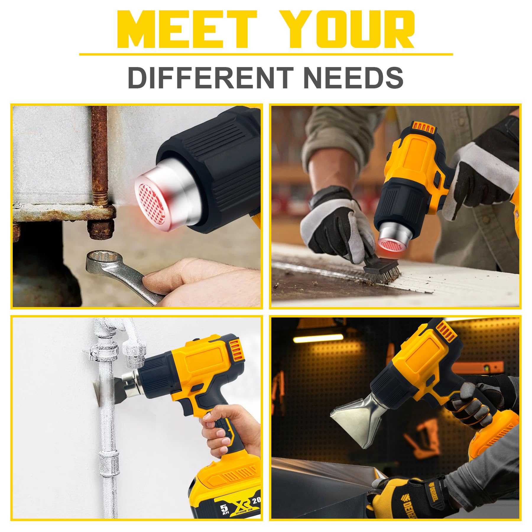 Cordless Heat Gun for Dewalt 20V Battery, Hot Air Gun Dual Temperature Settings 572°F and 1022℉ with 3 Nozzles for Crafts, Shrinking PVC, Stripping Paint, Loosen Bolts and More (No Battery)