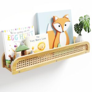 mvpsonag rattan wall shelf, natural boho bookshelves for wall, modern wooden wicker shelf, cute nursery shelves, floating shelves for kids room, living room, bedroom