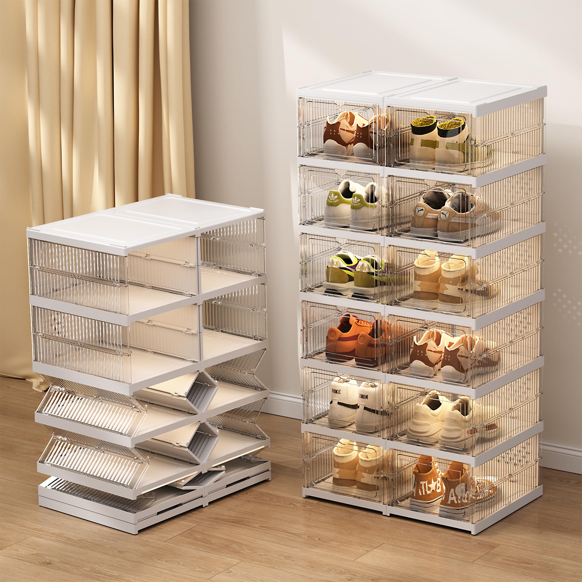 Yes!Fresh Shoe Organizer Storage Box for Closet with Overall Connected Large Clear Bins, Foldable and Modular, No Assembly Required, Versatile Multi-Use Rack, Fits US Size 13 (4 Layer)