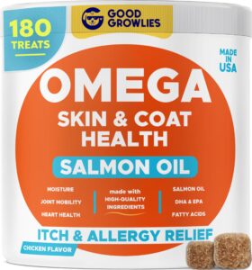 goodgrowlies omega 3 alaskan fish oil treats for dogs (120 ct) - dry&itchy skin + allergy - shiny coats - epa&dha fatty acids - natural salmon oil chews - salmon