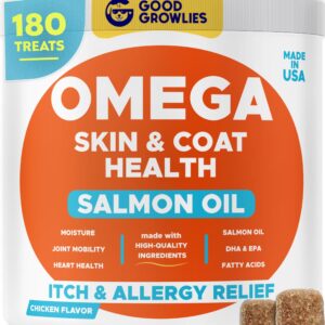 GOODGROWLIES Omega 3 Alaskan Fish Oil Treats for Dogs (120 Ct) - Dry&Itchy Skin + Allergy - Shiny Coats - EPA&DHA Fatty Acids - Natural Salmon Oil Chews - Salmon