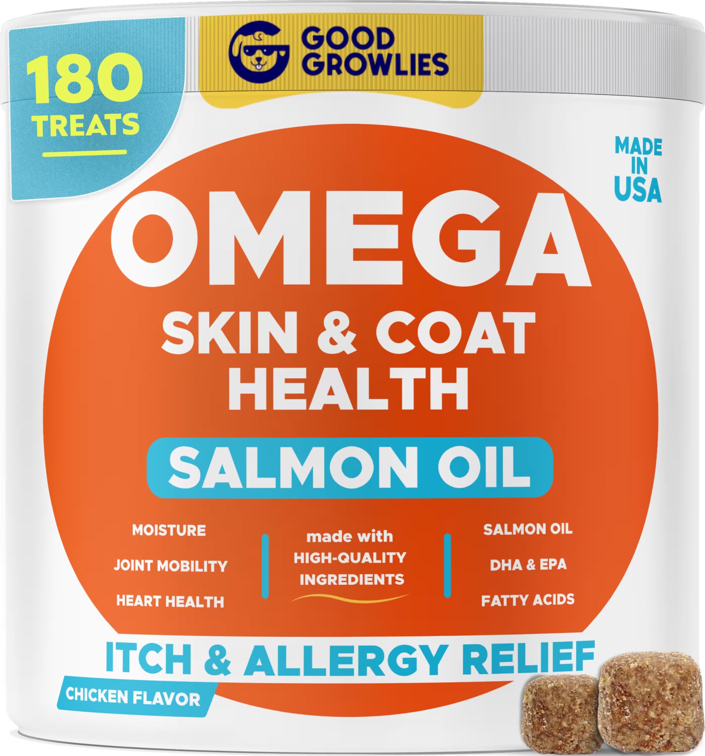 GOODGROWLIES Omega 3 Alaskan Fish Oil Treats for Dogs (120 Ct) - Dry&Itchy Skin + Allergy - Shiny Coats - EPA&DHA Fatty Acids - Natural Salmon Oil Chews - Salmon