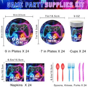 QIYANPAX 168 PCS Video Game Party Decorations Game Party Supplies Includes Plates, Napkins, Cups, Cutlery for Gamer Birthday Party Decorations, Serves 24