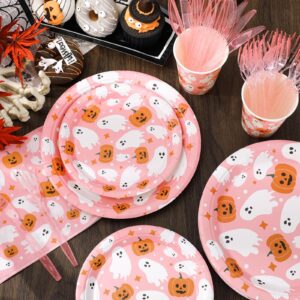 JarThenaAMCS Halloween Tableware Set Ghost Pumpkin Disposable Party Supplies Pink 9 & 7 Inch Paper Plates 6.5 Inch Napkins Cups and Cutlery for 25 Guests