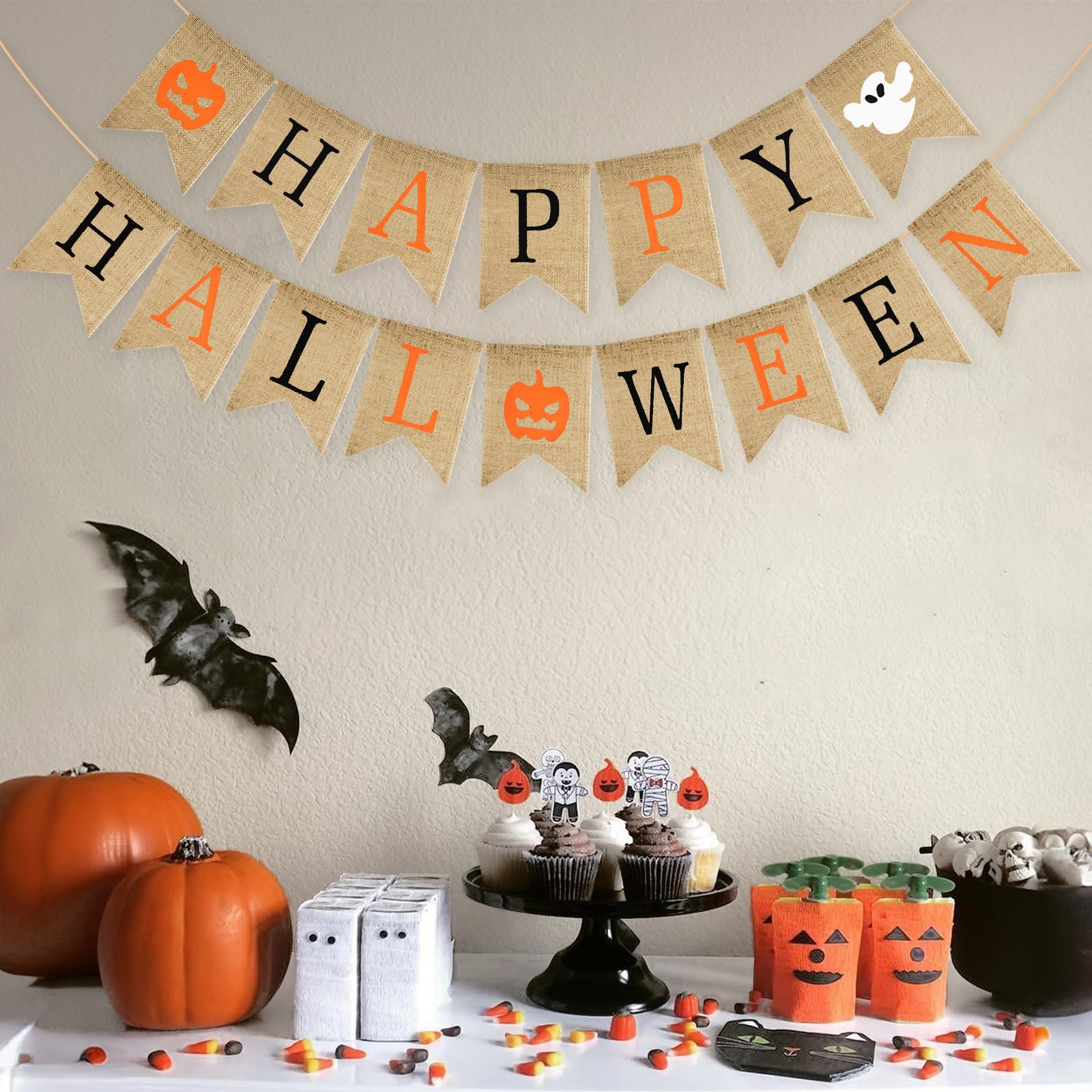 GCQQ Happy Halloween Banner, Prestrung Halloween Banner Burlap, Ghost Burlap Bannner, Black and Orange Halloween Banner Sign, Burlap Halloween Banner for Fireplace, Mantle, Doorway Halloween Party