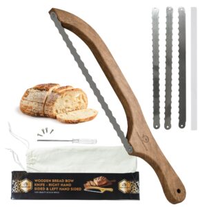 kitchenclick 16" bread knife for homemade bread, wooden bread bow knife 3 extra stainless steel serrated blades, bread saw slicer sourdough bread knife