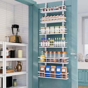 eastherry over the door pantry organizer，6-tier over the door organizer with adjustable basket，metal hanging pantry organizers and storage for kitchen, back of door seasoning rack (white)