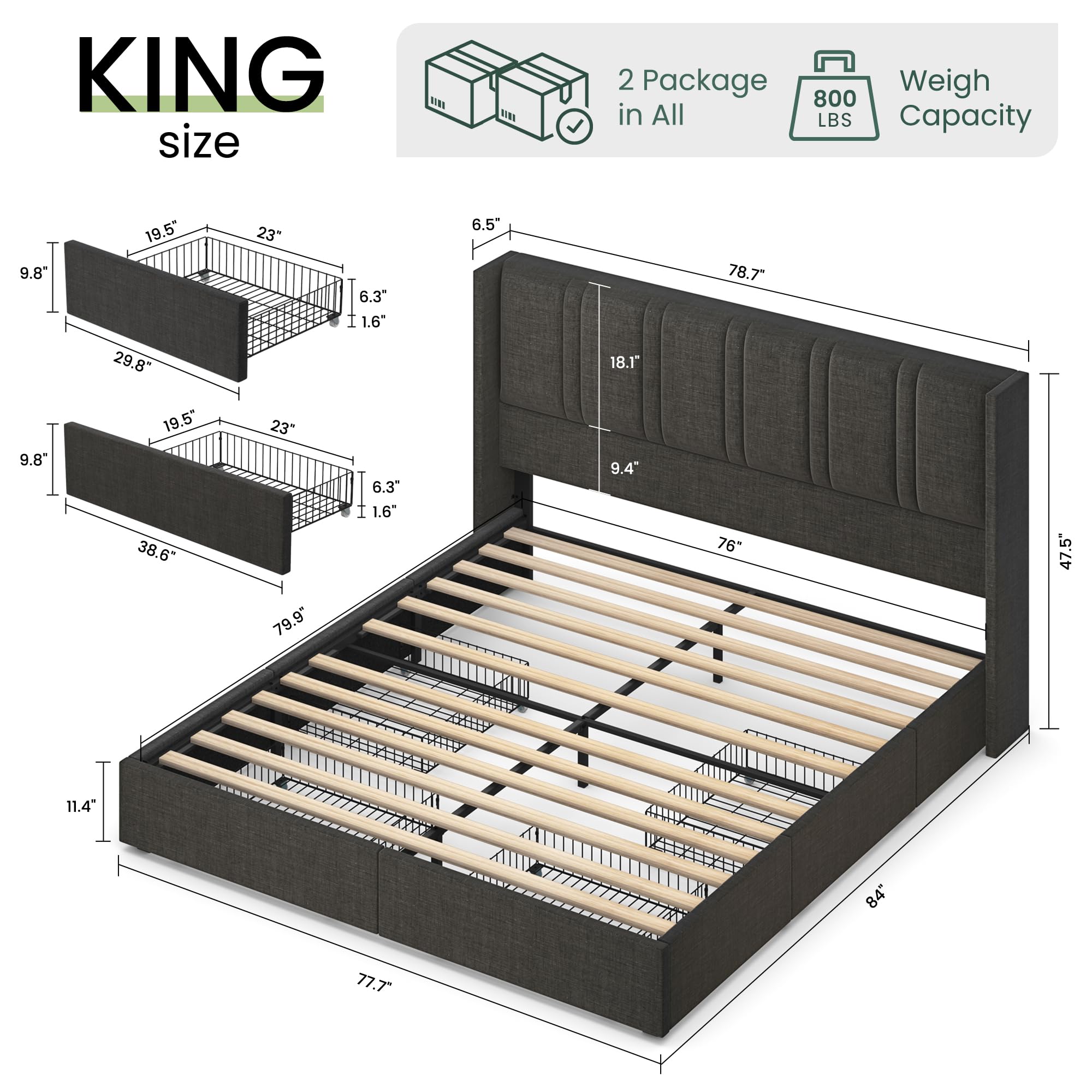 LARMACE Bed Frame King Size with Storage Drawers and Wingback Headboard, Linen Upholstered Platform Bed Frame with Wooden Slats, Easy Assembly, Dark Grey