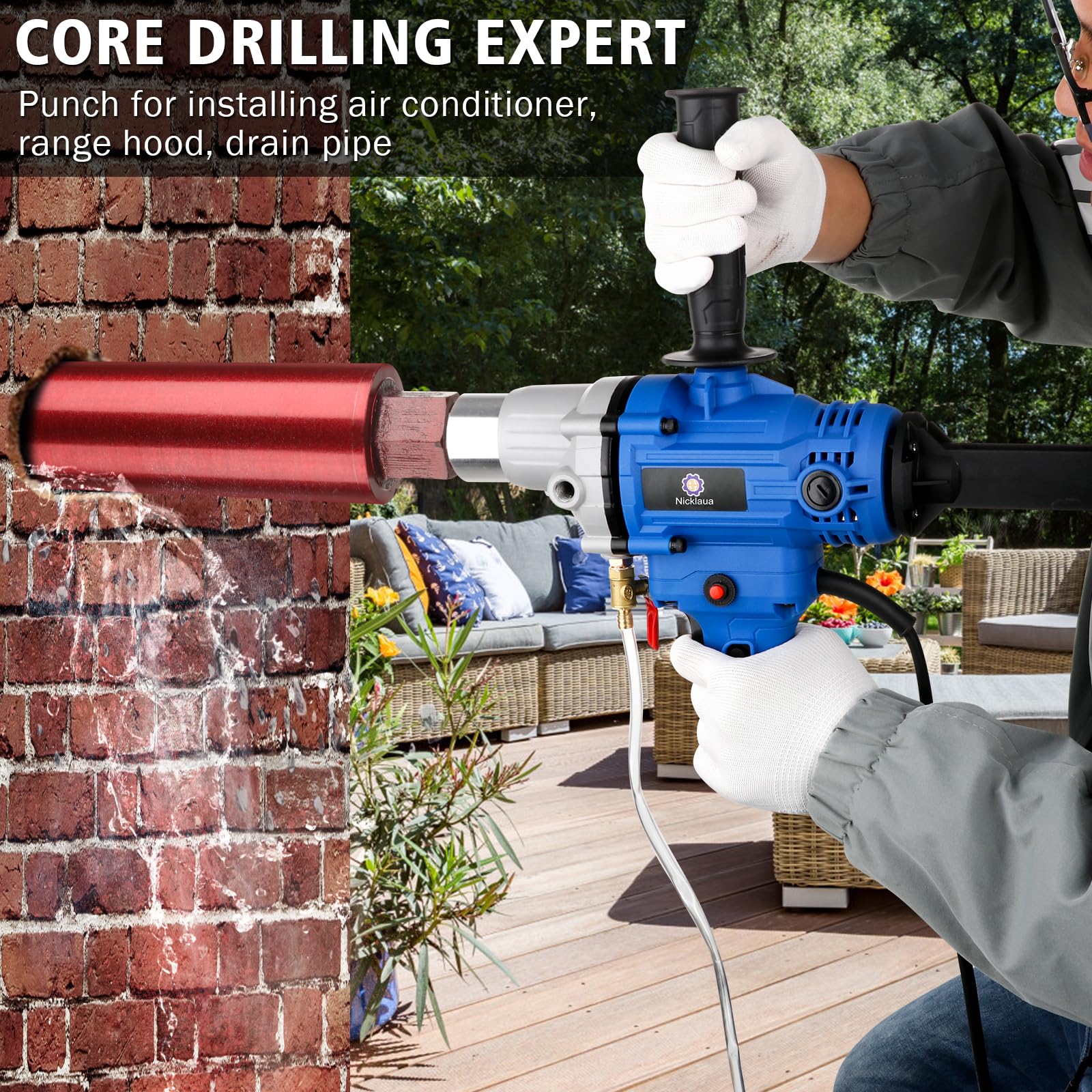 Diamond Core Drilling Machine,1900RPM Wet & Dry Handheld Concrete Core Drill Rig,1-1/4" Thread Core Drill Rig with Water Pump Water Pipe for Concrete Brick Stone Block,with 1.25in/2.5in/4in Drill Bits