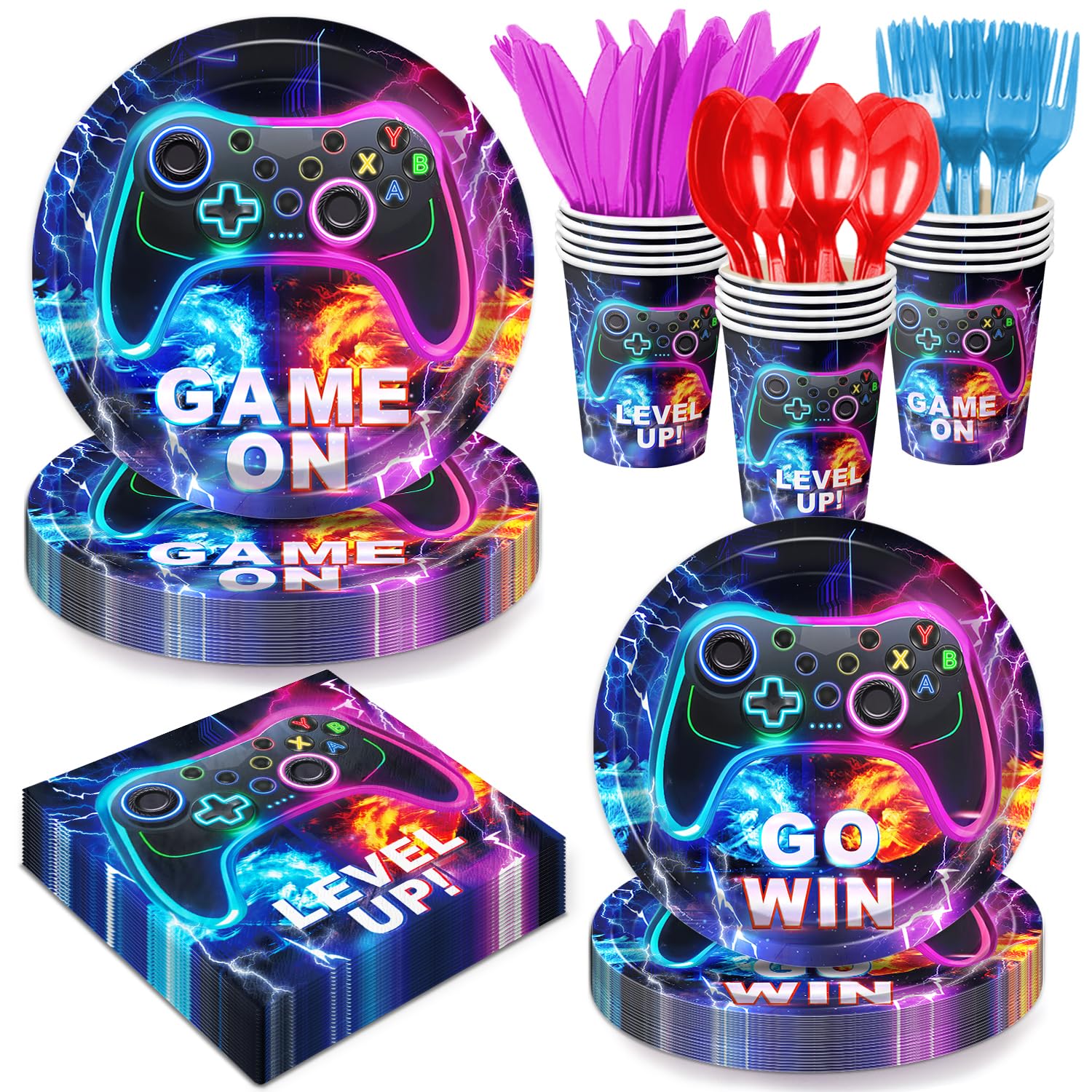 QIYANPAX 168 PCS Video Game Party Decorations Game Party Supplies Includes Plates, Napkins, Cups, Cutlery for Gamer Birthday Party Decorations, Serves 24