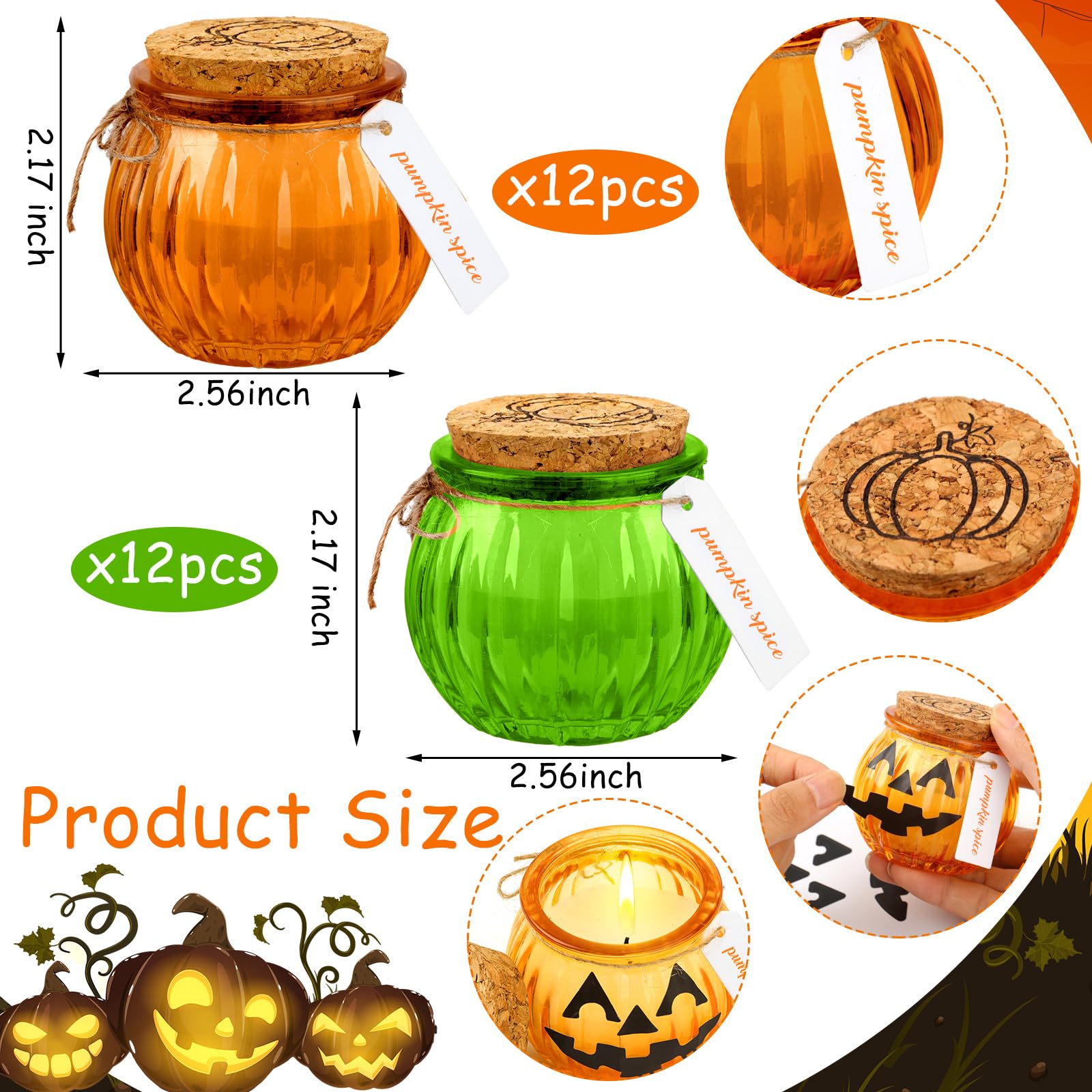 MTLEE 24 Pcs Fall Candles Bulk Pumpkin Shaped Thanksgiving Candles with Lid and 24 DIY Sticker Pumpkin Ghost Candle Bulk for Fall Autumn Housewarming Party Decoration Gift(Green, Yellow)