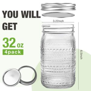 WACOI Mason Jars 32 Oz with Lids Wide Mouth 4 Pack, Glass Jars Canning Jars Large for Centerpieces Pickling Storage Food Meal Prep Salad Jam