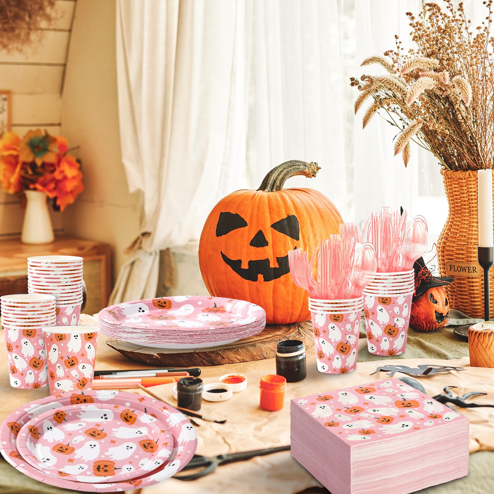 JarThenaAMCS Halloween Tableware Set Ghost Pumpkin Disposable Party Supplies Pink 9 & 7 Inch Paper Plates 6.5 Inch Napkins Cups and Cutlery for 25 Guests