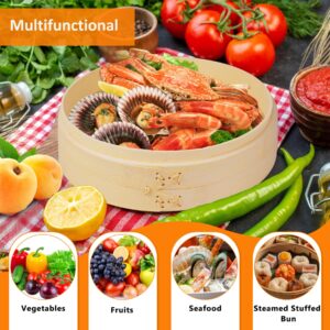 Bamboo Steamer Basket, 2-Tier Dumpling Steamer for Cooking, Bamboo Steamer 10 Inch Vegetable Steamer, Food Steamer for Meat, Dim Sum, Bao Bun, Fish, Rice, HOFHTD Wood Cooking Steamer Basket