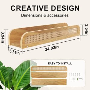 MVPSONAG Rattan Wall Shelf, Natural Boho Bookshelves for Wall, Modern Wooden Wicker Shelf, Cute Nursery Shelves, Floating Shelves for Kids Room, Living Room, Bedroom