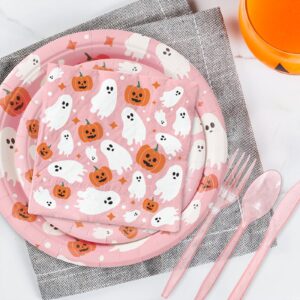 JarThenaAMCS Halloween Tableware Set Ghost Pumpkin Disposable Party Supplies Pink 9 & 7 Inch Paper Plates 6.5 Inch Napkins Cups and Cutlery for 25 Guests