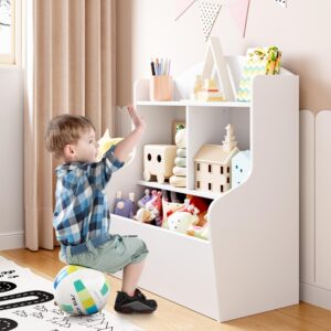 IDEALHOUSE 3-Tier Toy Storage Cabinet and Bookcase, Multi Shelf with Cubby Organizer Cabinet for Toys, for Playroom, Bedroom, Hallway and Kindergarten School, White