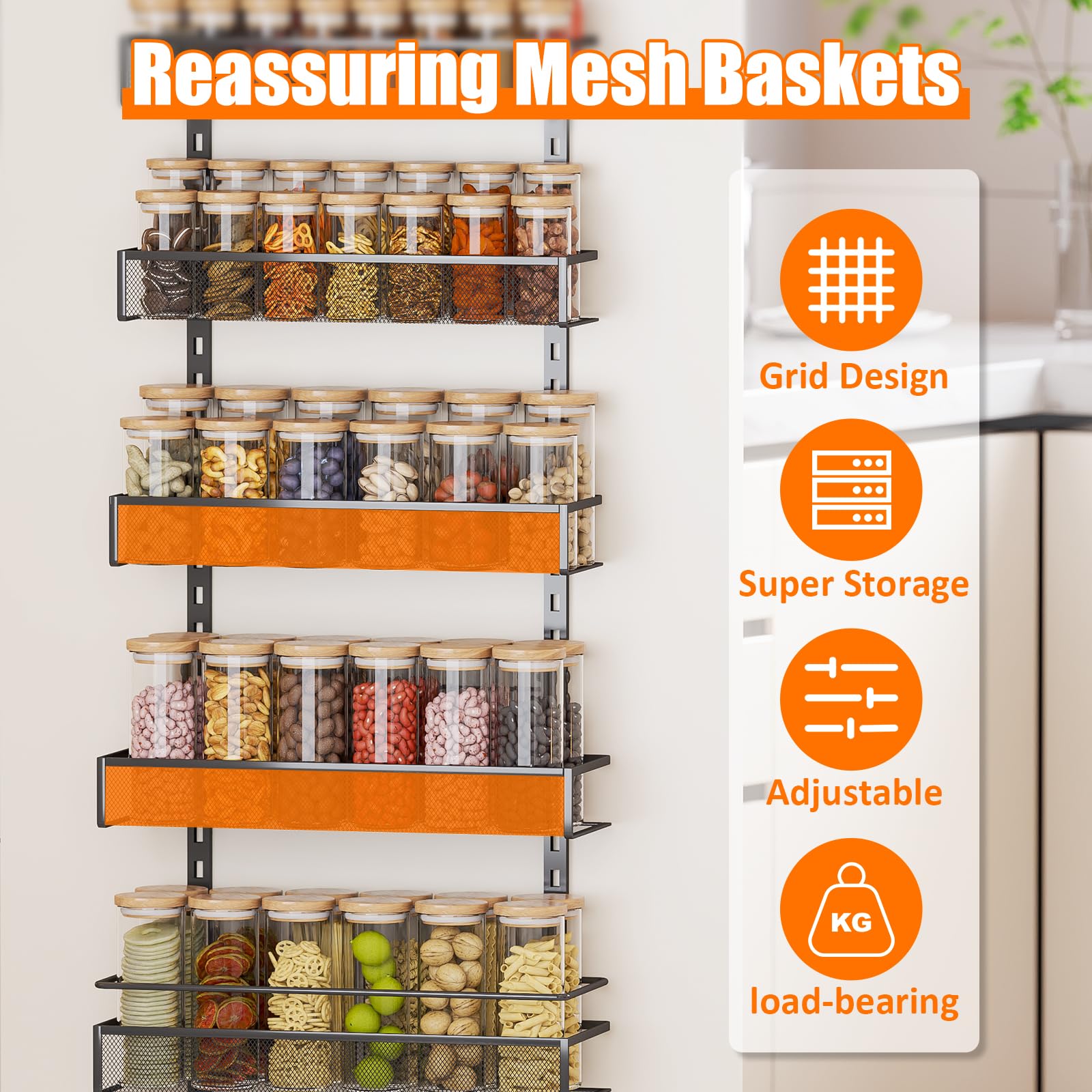 Over the Door Pantry Organizer, Pantry Door Organizer 6-Tier Mesh Basket, Pantry Hanging Storage Baskets with Adjustable Hooks Hanging & Wall Mounted，for Kitchen, Bathroom,Storage Room (Black)