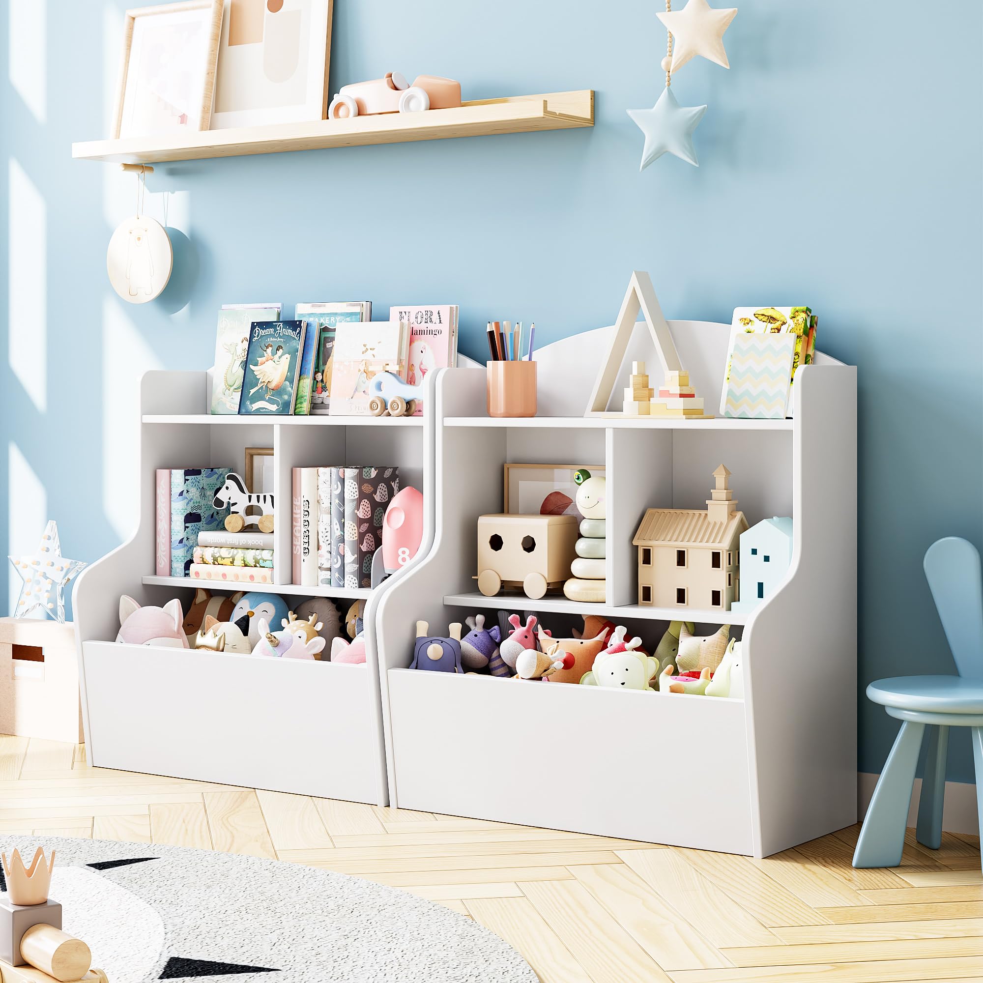 IDEALHOUSE 3-Tier Toy Storage Cabinet and Bookcase, Multi Shelf with Cubby Organizer Cabinet for Toys, for Playroom, Bedroom, Hallway and Kindergarten School, White