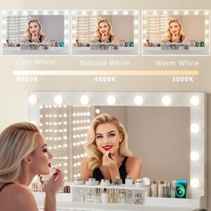 HUAHUU Makeup Vanity Desk with Lights, Vanity Desk with Large Mirror, White Vanity with Outlets Large Drawers & Storage, 3 Lighting Color Adjustable, Bedroom Dressing Table