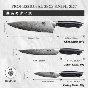 SHAN ZU 3PCS Kitchen Knife Set,Chef Knife Set in Powder Steel, Ultra Sharp Japanese Knife Set High Carbon Steel Knives Sets, Cooking Knives Set with Ergonomic Pakkawood Handle