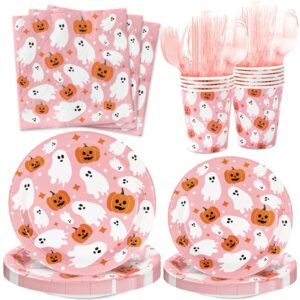 jarthenaamcs halloween tableware set ghost pumpkin disposable party supplies pink 9 & 7 inch paper plates 6.5 inch napkins cups and cutlery for 25 guests