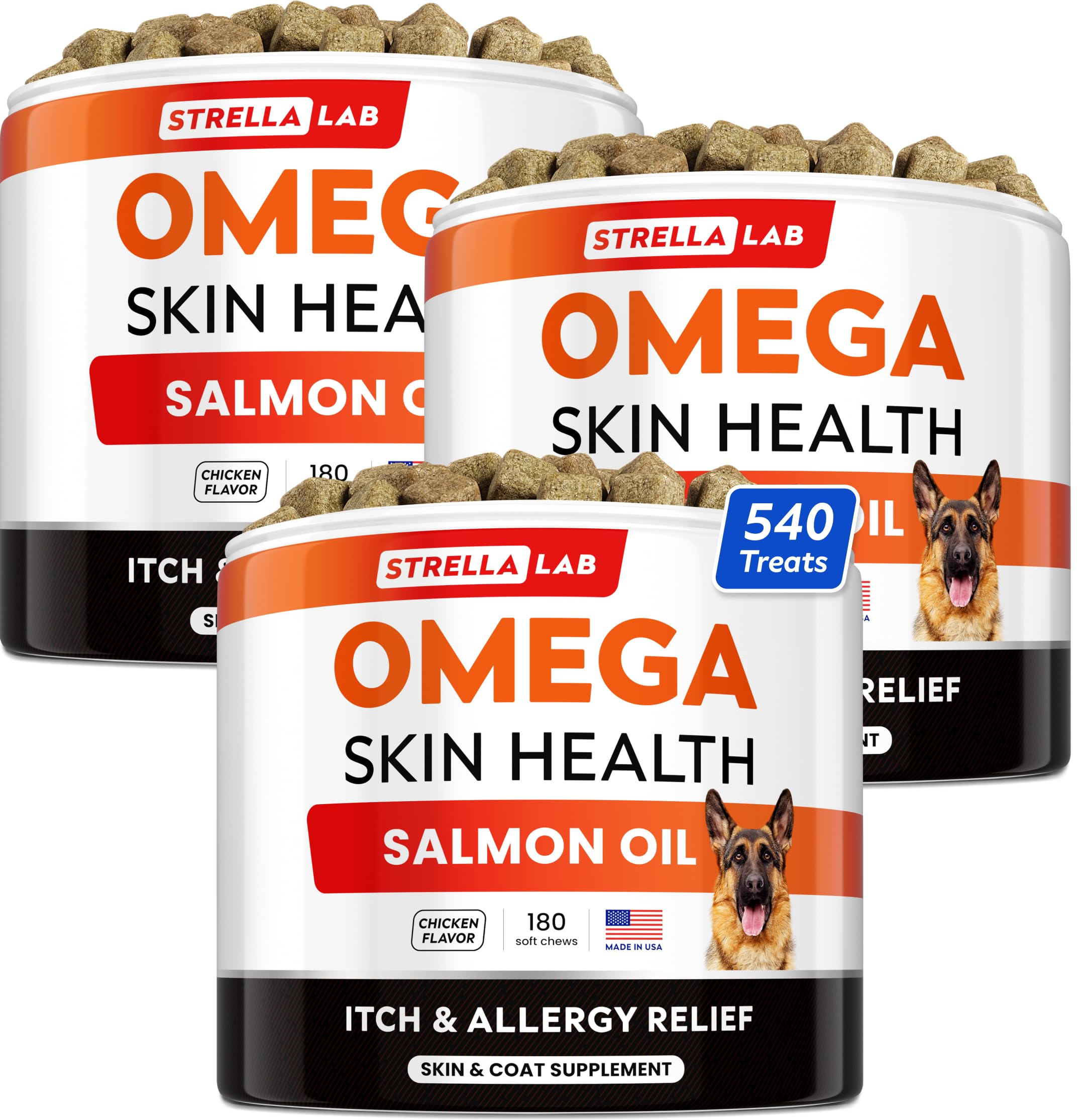 STRELLALAB Omega 3 for Dogs - (540Ct) Fish Oil Treats - Allergy & Itch Relief Skin&Coat Supplement - Dry Itchy Skin, Shedding, Hot Spots Treatment, Anti Itch - Pet Salmon Oil Chews - Chicken Flavor