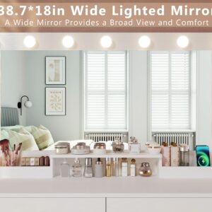 HUAHUU Makeup Vanity Desk with Lights, Vanity Desk with Large Mirror, White Vanity with Outlets Large Drawers & Storage, 3 Lighting Color Adjustable, Bedroom Dressing Table