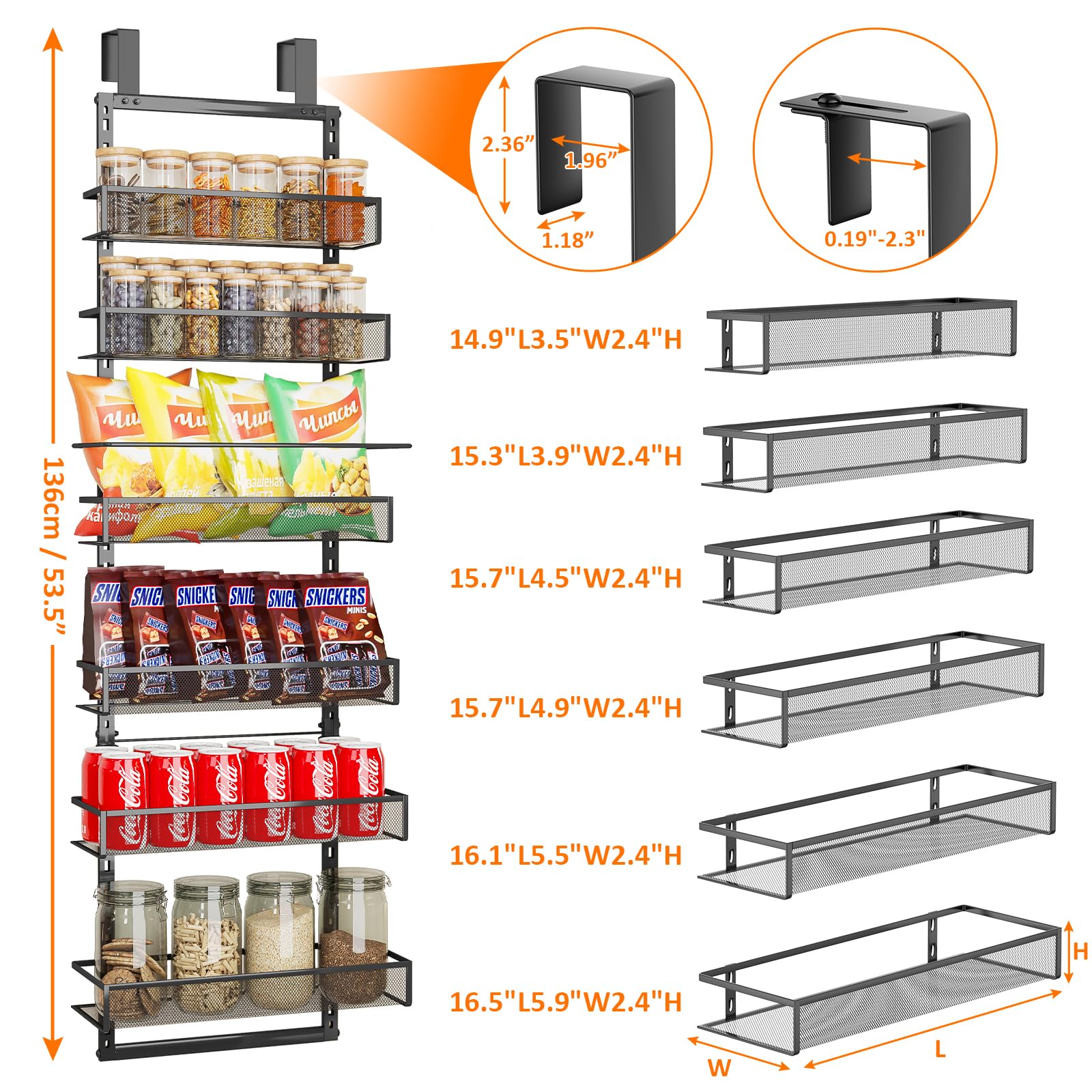 Over the Door Pantry Organizer, Pantry Door Organizer 6-Tier Mesh Basket, Pantry Hanging Storage Baskets with Adjustable Hooks Hanging & Wall Mounted，for Kitchen, Bathroom,Storage Room (Black)