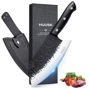 huusk hand forged meat cleaver - 8" sharp butcher knife, full tang chef knife with sheath, japanese heavy duty meat cutting knife for kitchen outdoor bbq camping, gift for father