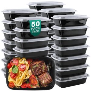 keep colder meal prep containers 38 oz, plastic food prep containers with lids, bpa-free, stackable, microwave, dishwasher safe disposable to go containers for meal plan, 50-pack