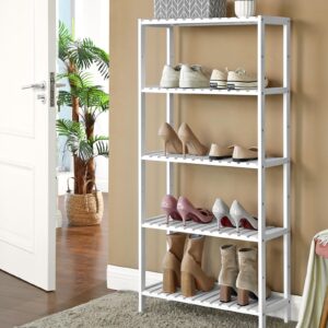 SONGMICS Bamboo Storage Shelf, 5-Tier Shelving Unit, Multifunctional, in The Entryway, Bathroom, Living Room, Balcony, Kitchen, 10.2 x 23.6 x 51.2 Inches, White UBCB35WT