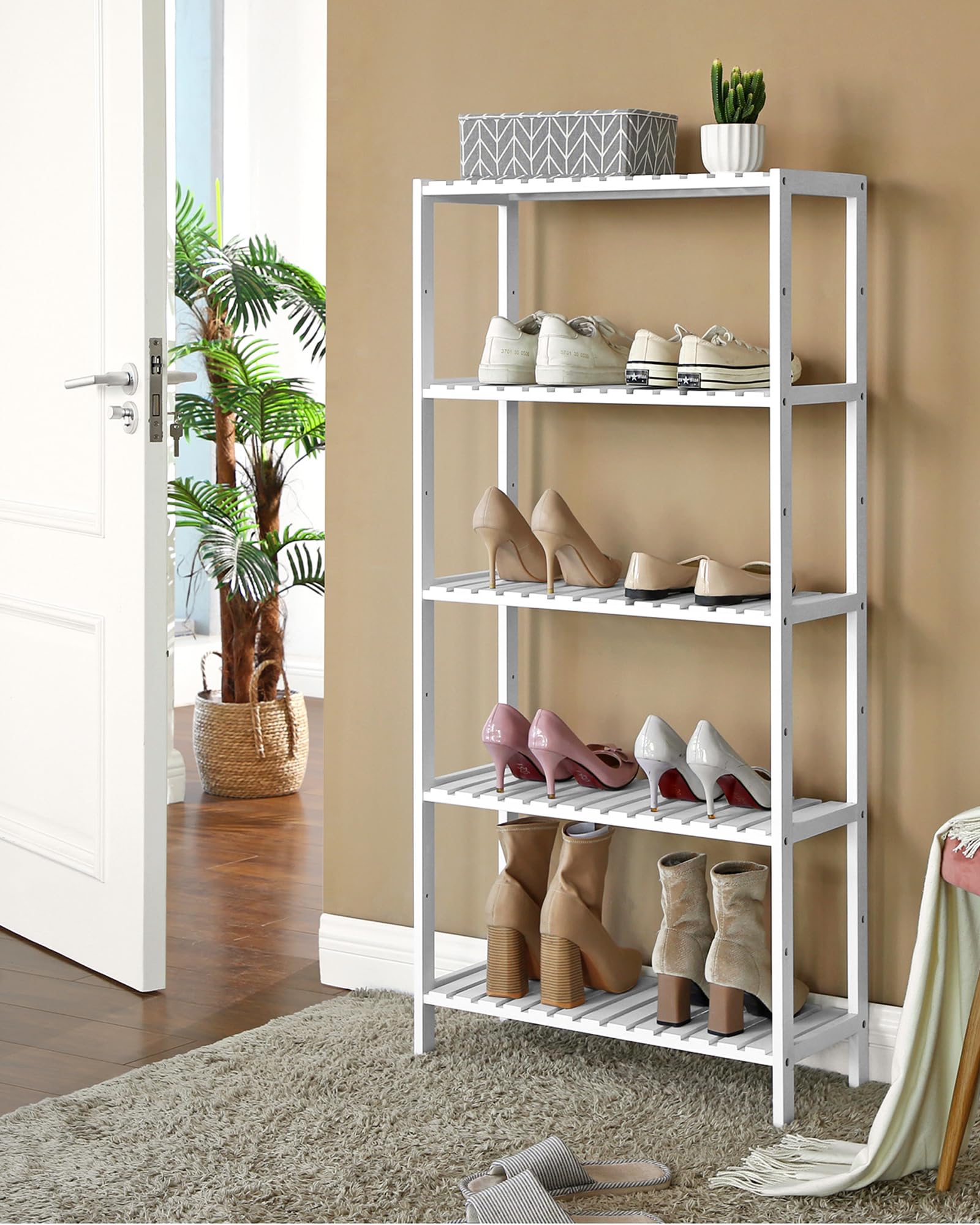 SONGMICS Bamboo Storage Shelf, 5-Tier Shelving Unit, Multifunctional, in The Entryway, Bathroom, Living Room, Balcony, Kitchen, 10.2 x 23.6 x 51.2 Inches, White UBCB35WT