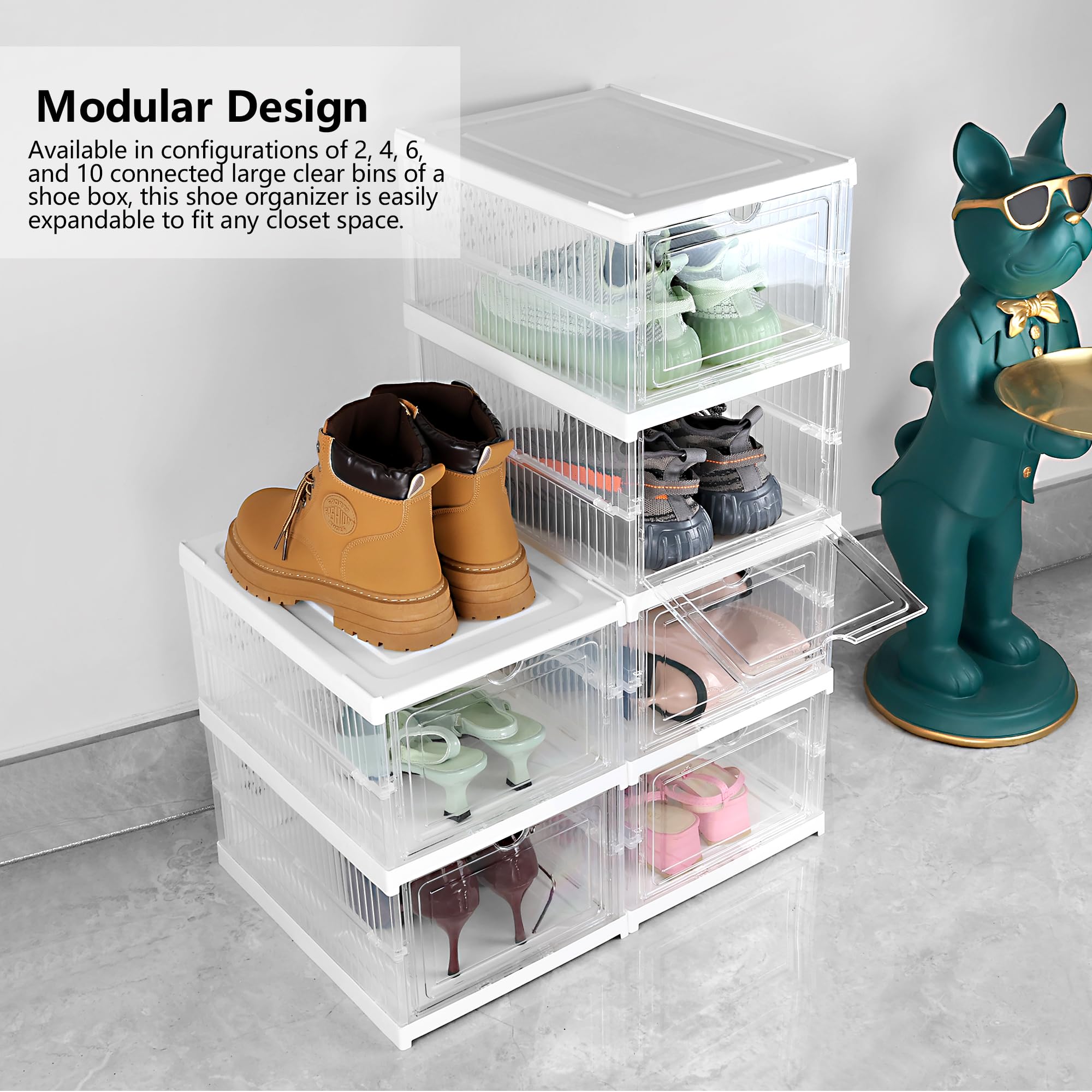 Yes!Fresh Shoe Organizer Storage Box for Closet with Overall Connected Large Clear Bins, Foldable and Modular, No Assembly Required, Versatile Multi-Use Rack, Fits US Size 13 (4 Layer)