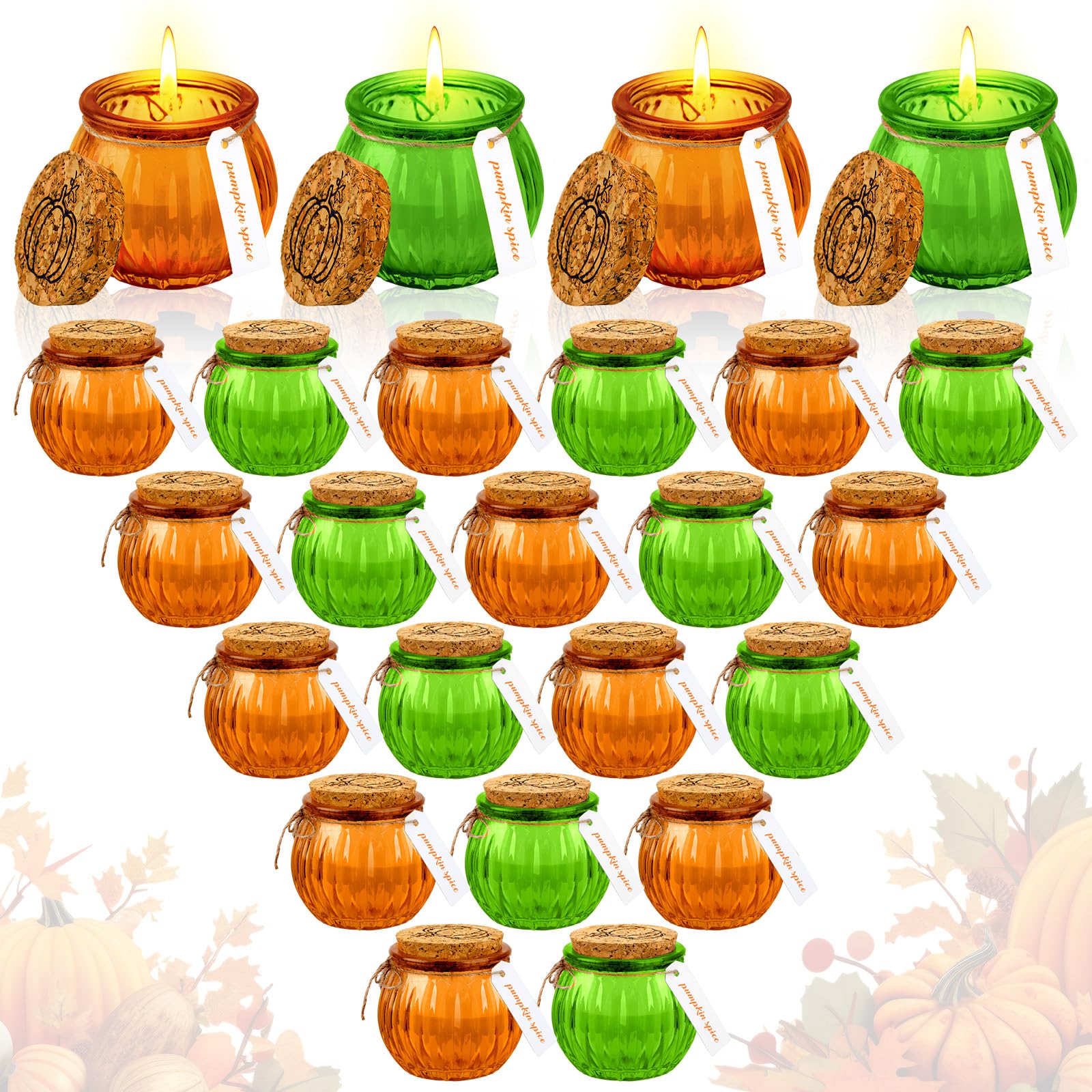 MTLEE 24 Pcs Fall Candles Bulk Pumpkin Shaped Thanksgiving Candles with Lid and 24 DIY Sticker Pumpkin Ghost Candle Bulk for Fall Autumn Housewarming Party Decoration Gift(Green, Yellow)