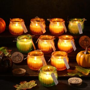 MTLEE 24 Pcs Fall Candles Bulk Pumpkin Shaped Thanksgiving Candles with Lid and 24 DIY Sticker Pumpkin Ghost Candle Bulk for Fall Autumn Housewarming Party Decoration Gift(Green, Yellow)