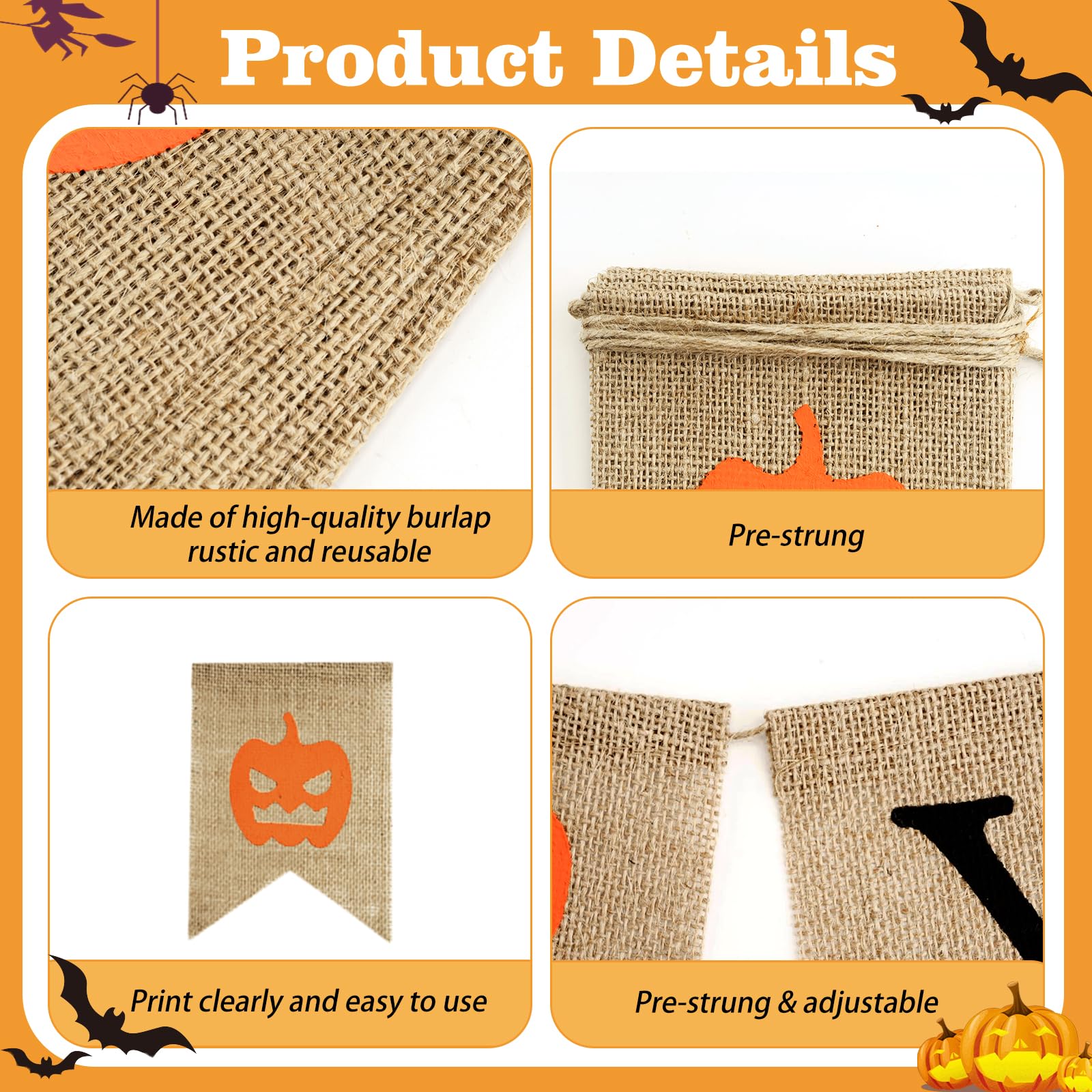 GCQQ Happy Halloween Banner, Prestrung Halloween Banner Burlap, Ghost Burlap Bannner, Black and Orange Halloween Banner Sign, Burlap Halloween Banner for Fireplace, Mantle, Doorway Halloween Party