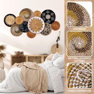 Xuhal 11 Pcs Boho Hanging Wall Basket Decor Handmade Woven Basket Wall Decorative Boho Wicker Baskets Placemats Round Farmhouse Wall Bulrush Art for Rustic Home Decorations Christmas Gift(Stylish)