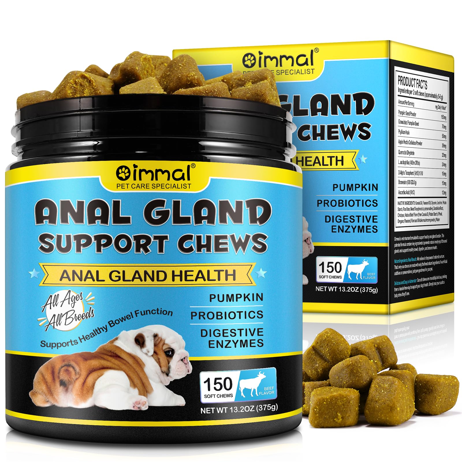 Anal Gland Support Soft Chews for Dog, 150PCs Dog Anal Gland Treats w/Pumpkin, Digestive Enzyme & Probiotics Support Healthy Bowel Function - Dog Health Supplies Fibre Supplements Chews - Beef Flavor