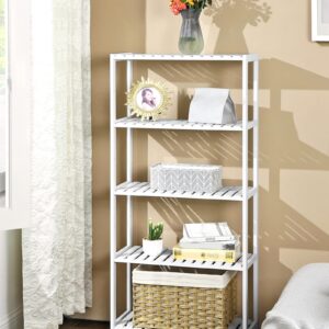 SONGMICS Bamboo Storage Shelf, 5-Tier Shelving Unit, Multifunctional, in The Entryway, Bathroom, Living Room, Balcony, Kitchen, 10.2 x 23.6 x 51.2 Inches, White UBCB35WT